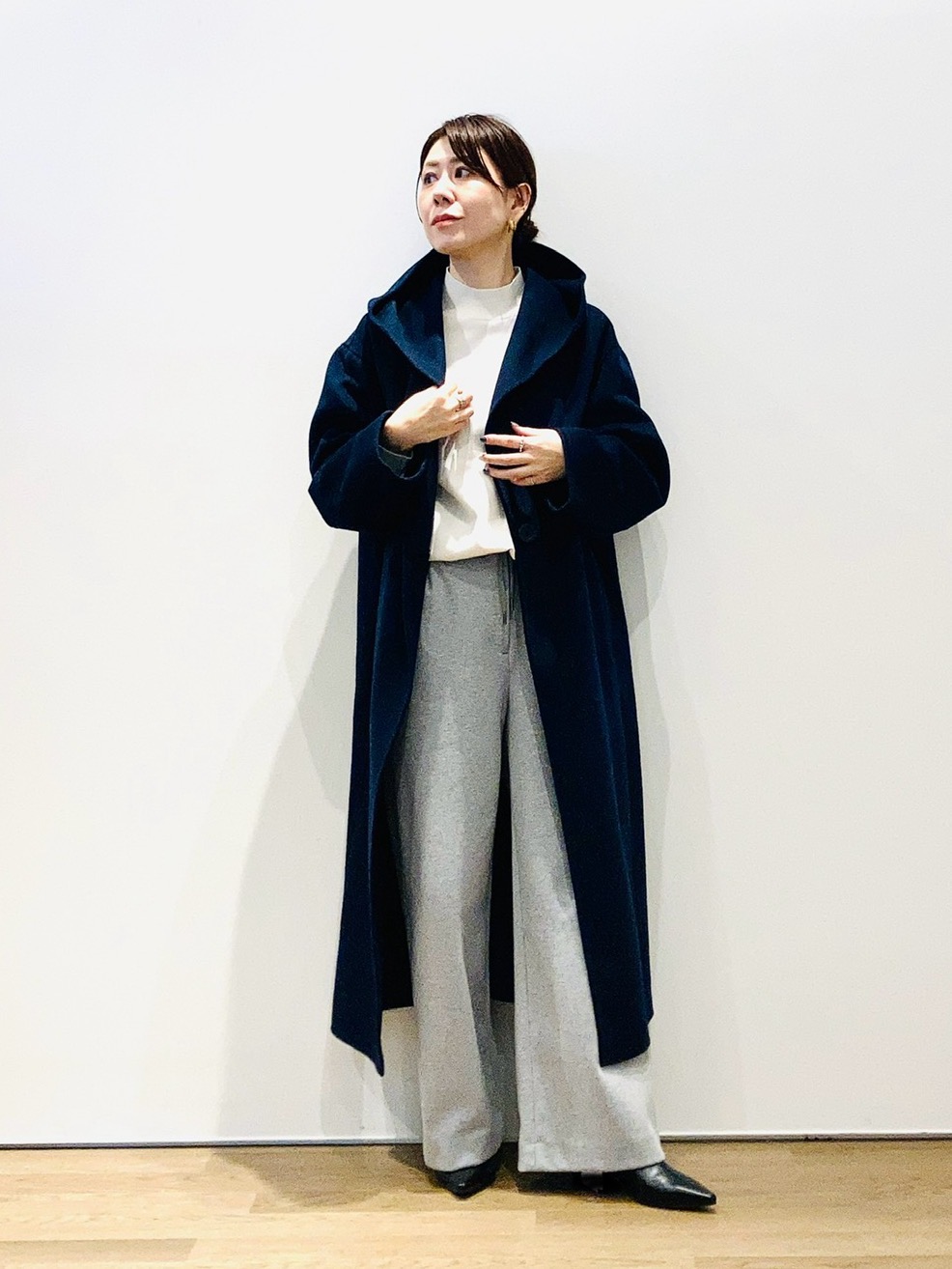 ウールブレンドリバーフーディーロングコート、メリノウールブレンド