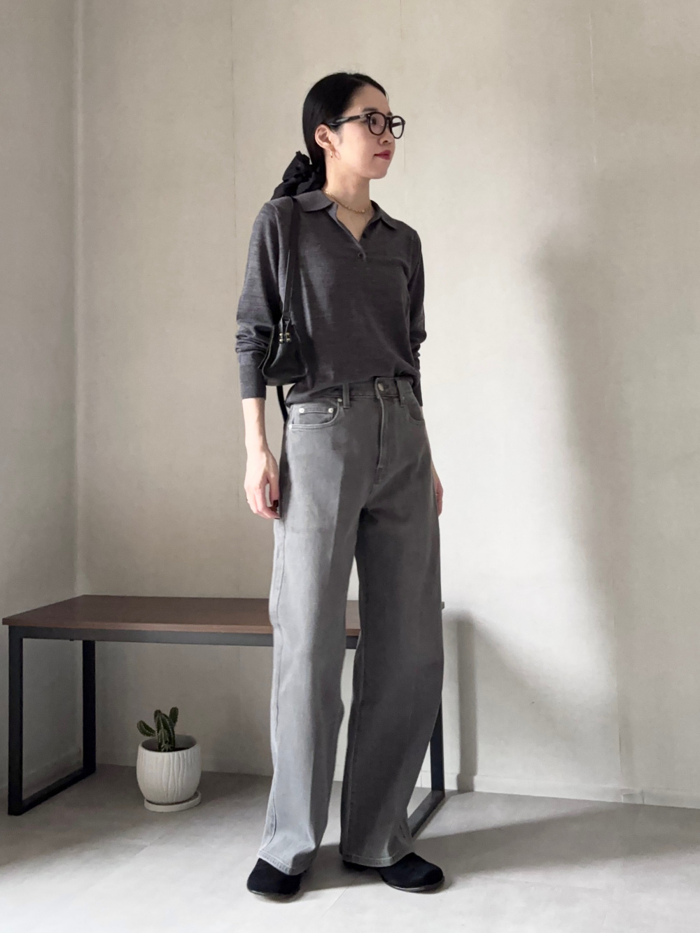 コットンアセテートブレンドリラックスカーディガン、ハイライズ