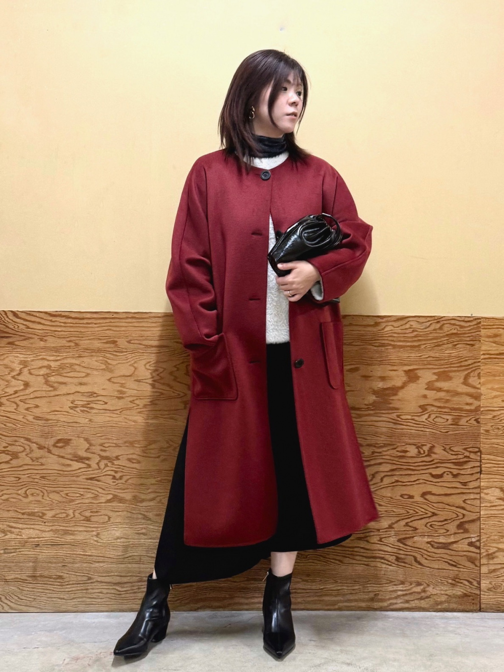 フェザーヤーン2WAYカーディガン、ウールブレンドリバーカラーレス