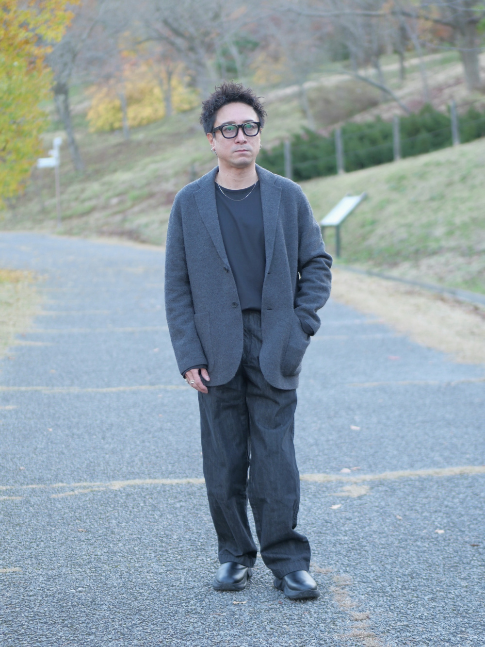 テックストレッチダブルブレストジャケット、シルキーコットンクルー