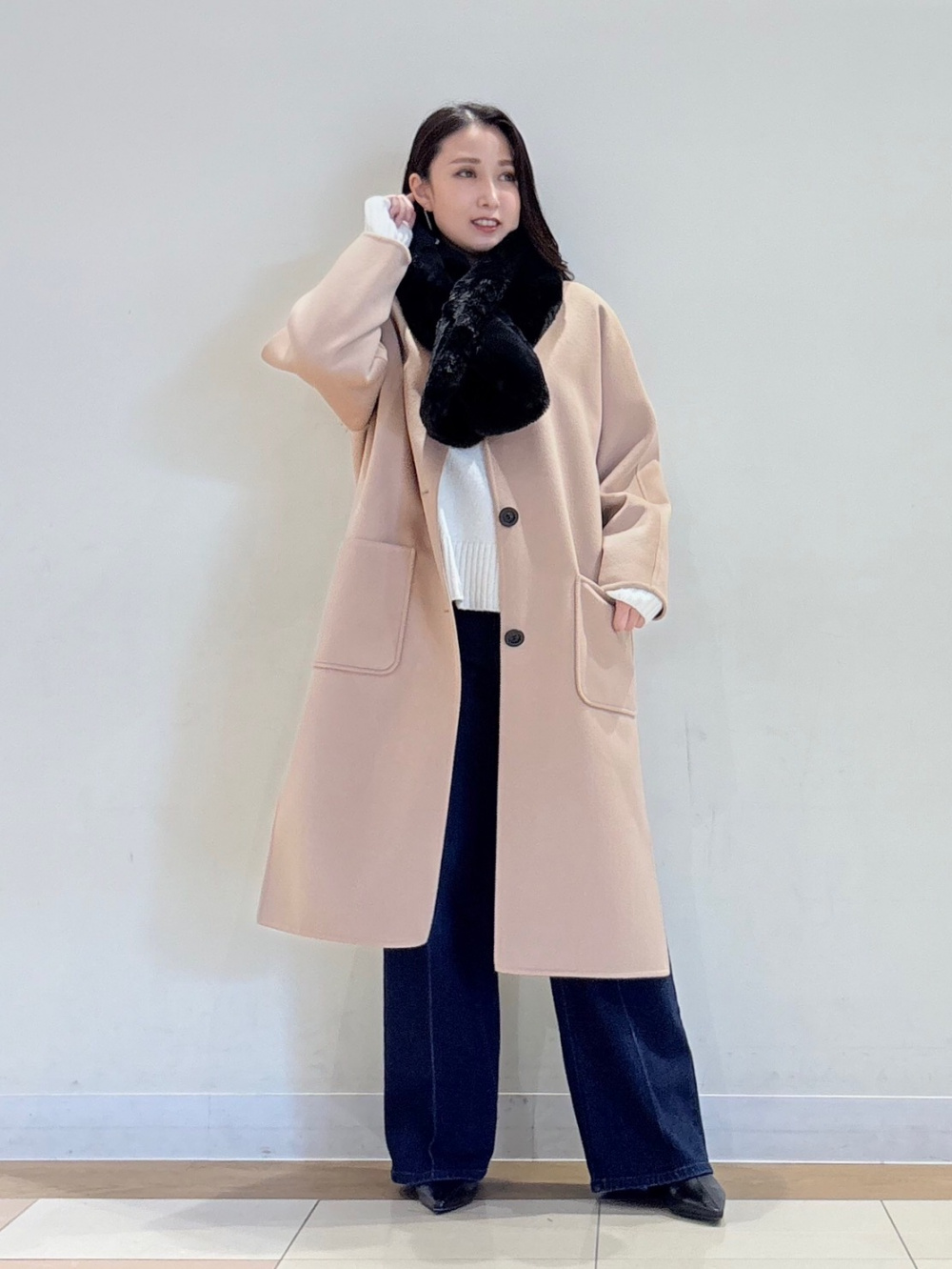 ウールブレンドリバーカラーレスロングコート、スパンコールミックス