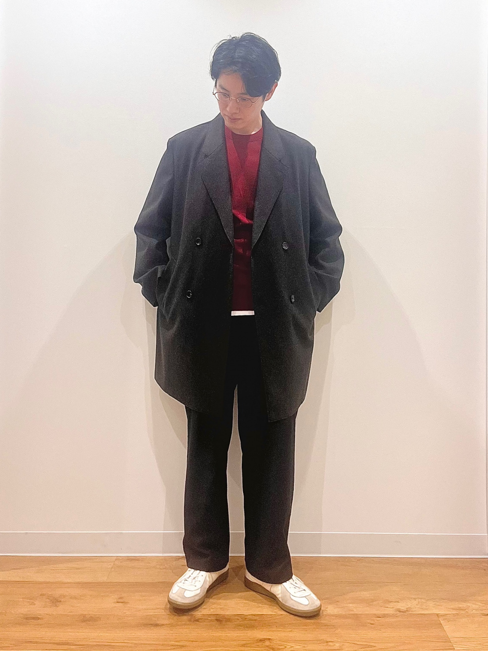 テックストレッチダブルブレストジャケット、シルキーコットンクルー