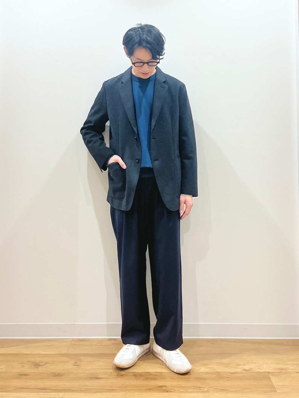 テックストレッチダブルブレストジャケット、シルキーコットンクルー