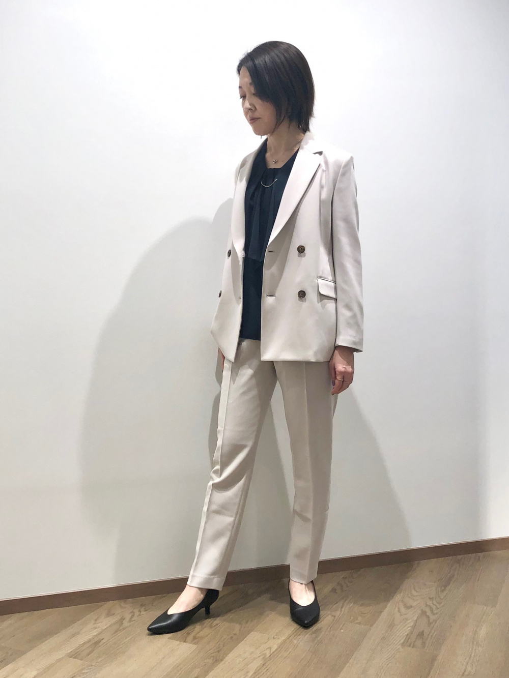 トリアセブレンドダブルジャケット、ワイドパンツ（リネンブレンド