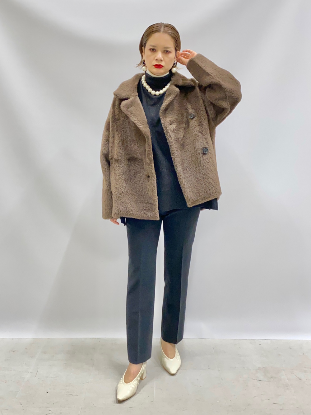 試着のみ　PLST フェザーヤーンニットコート　ブラウン　S フェザーヤーンニットコート」の着用コーディネート| プラステ