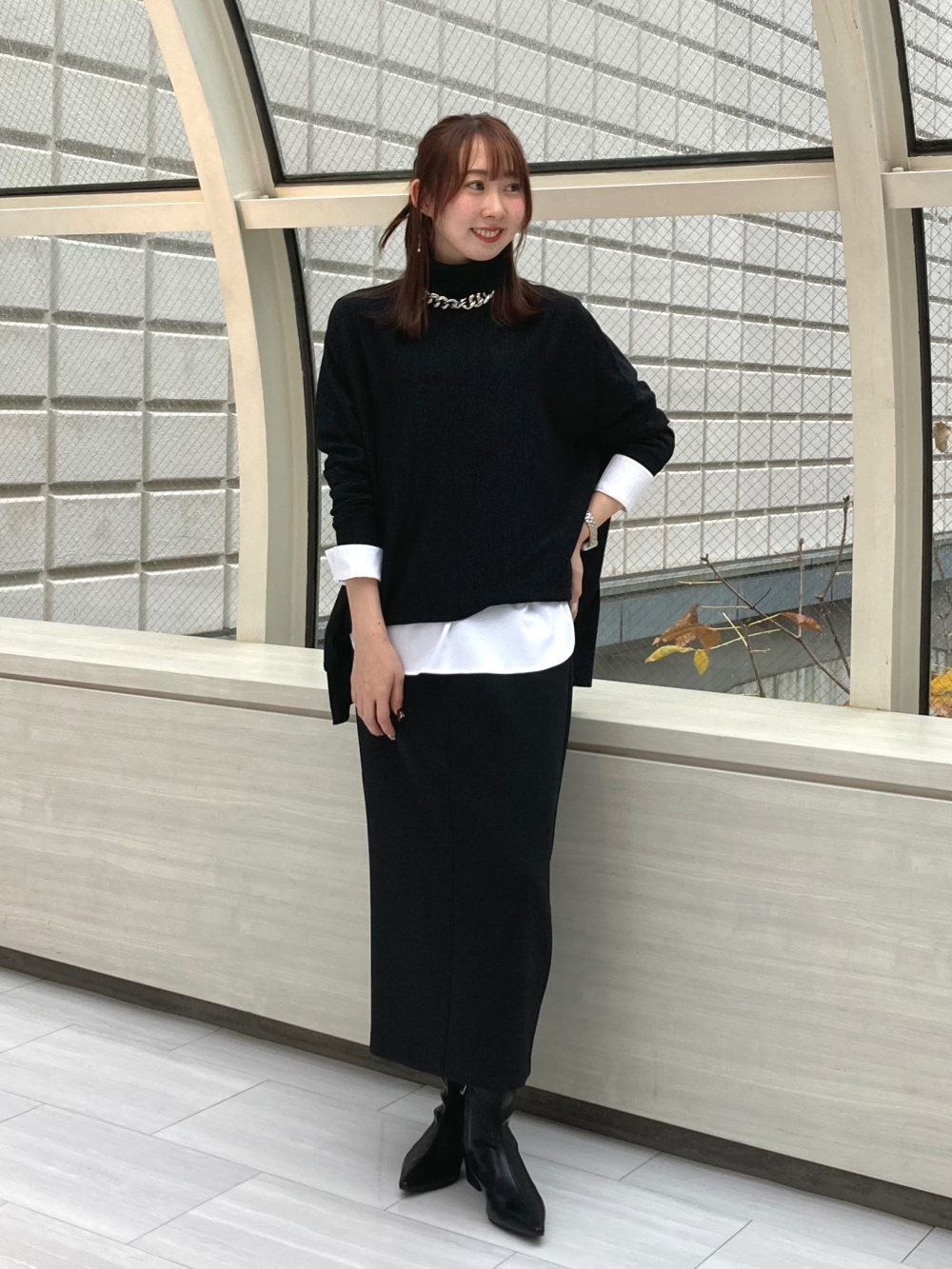 フェザーヤーンニットコート、メリノウールブレンドモックネック