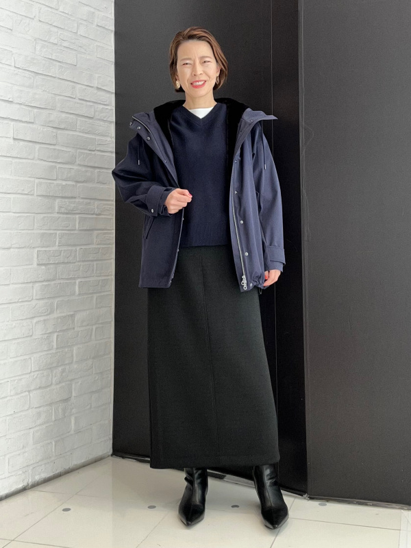 フラワープリントボリュームタックフレアスカート、ウールミックス