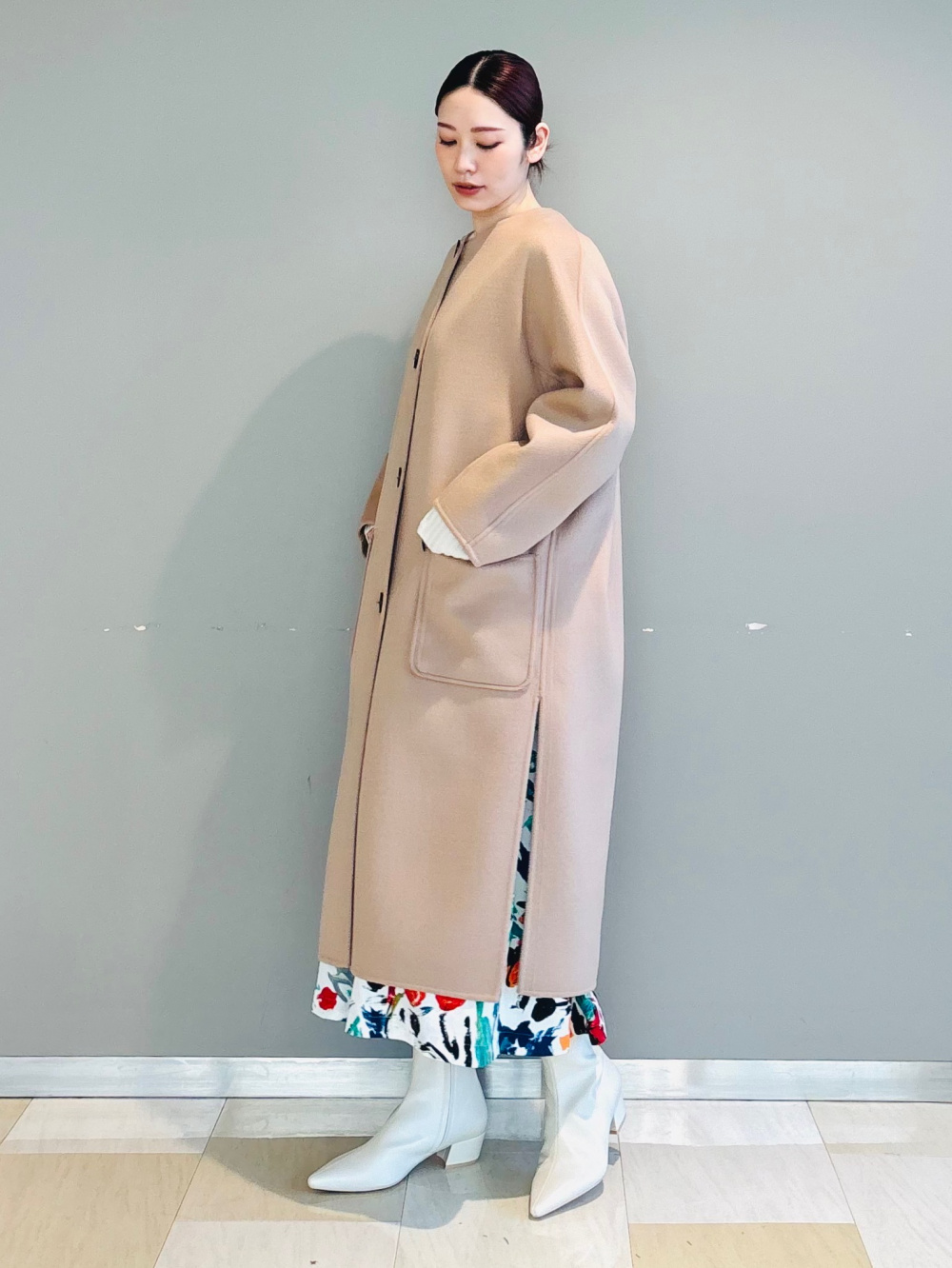 ライトバルーンジップアップパーカ、ウールブレンドリバーカラーレス