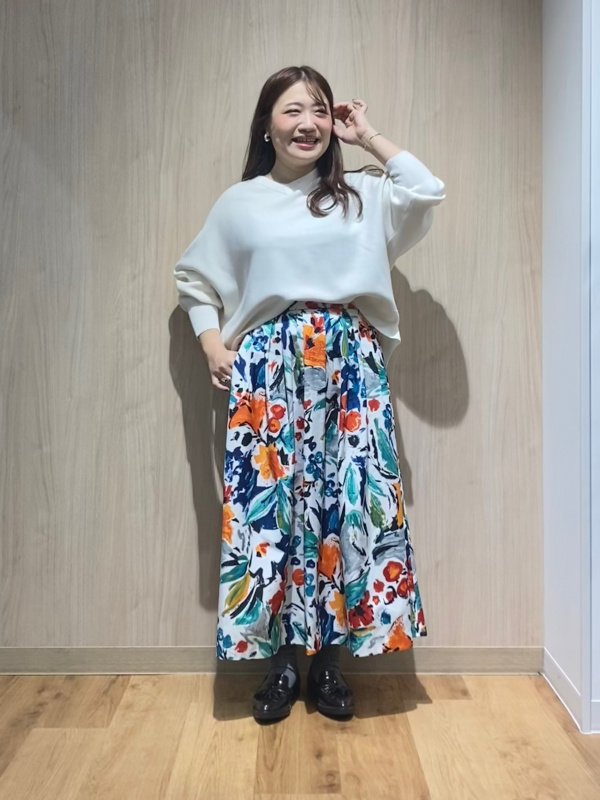 フラワープリントボリュームタックフレアスカート、ウールミックス