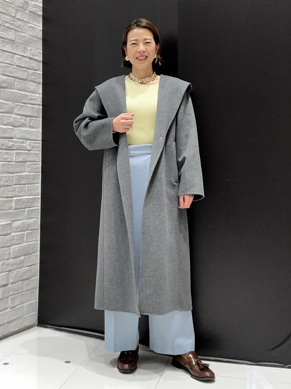 ウールブレンドリバーフーディーロングコート」の着用コーディネート