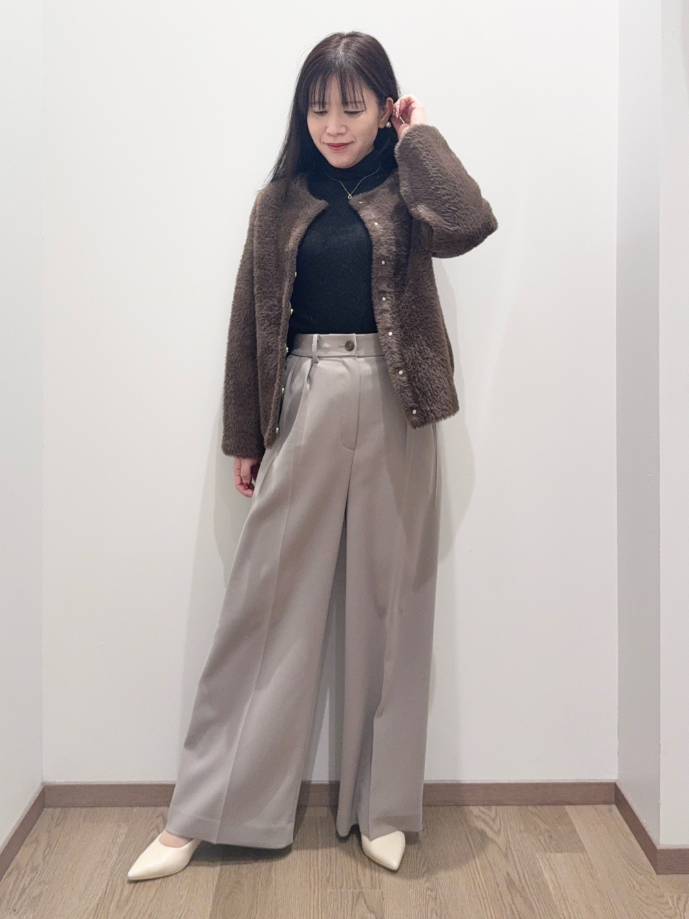 フェザーヤーン2WAYカーディガン、トリアセブレンド2タックワイド