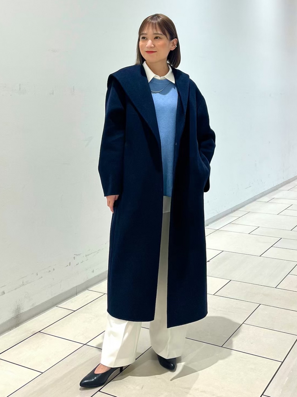 ウールブレンドリバーフーディーロングコート」の着用コーディネート