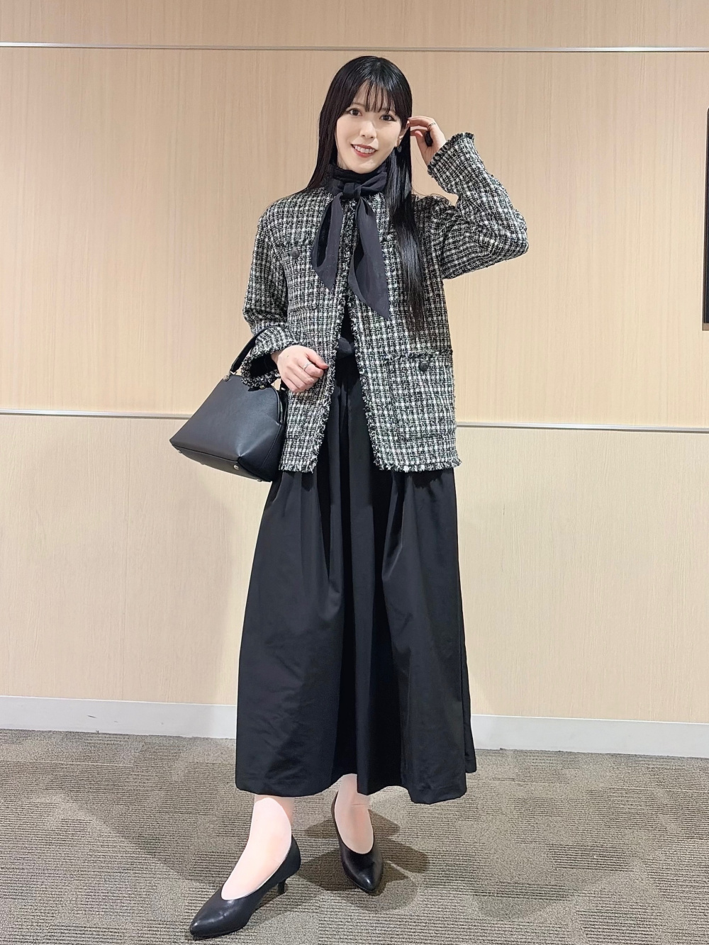 ダブルクロスプリーツレイヤードセットアップ、パールチェーンコンビ