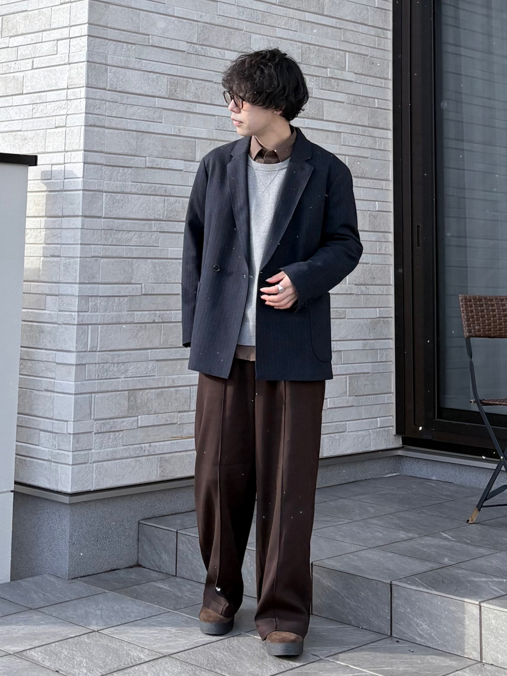 プレシャスニットメルトンダブルブレストジャケット」の着用