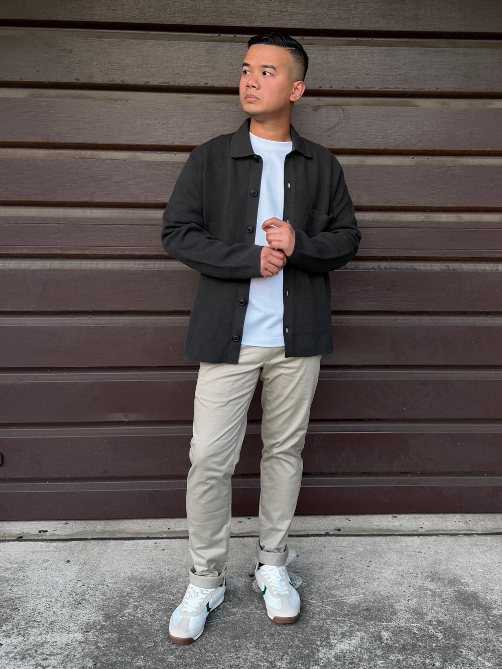 Check styling ideas for「Slim Chino Pants、Linen Blend Open Collar