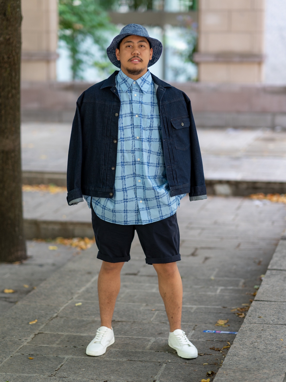 Check styling ideas for「Denim Trucker Jacket、Chino Shorts (9