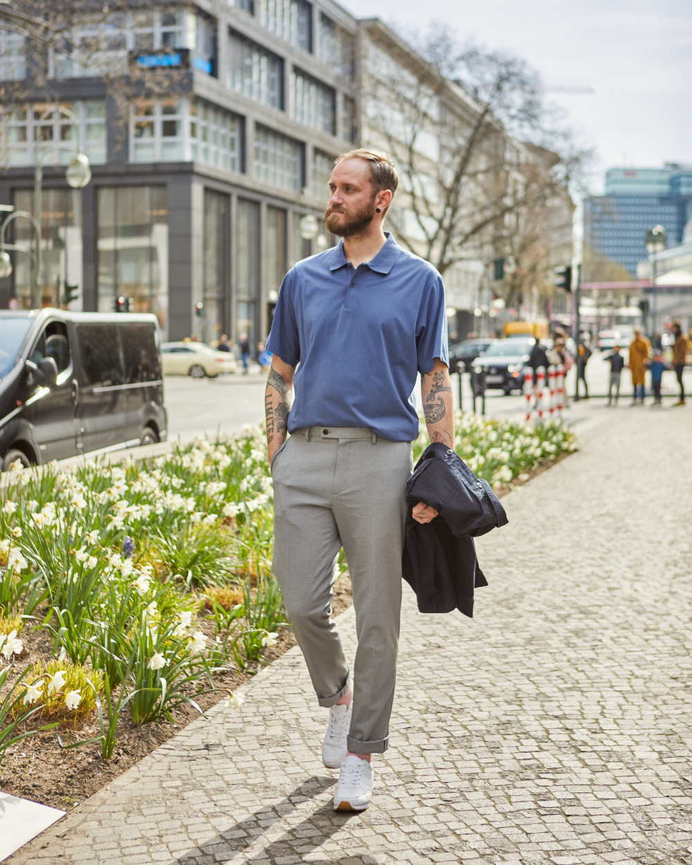 Check styling ideas for「DENIM OVERSIZED STAND COLLAR LONG SLEEVE SHIRT、SLIM  FIT CHINO PANTS」