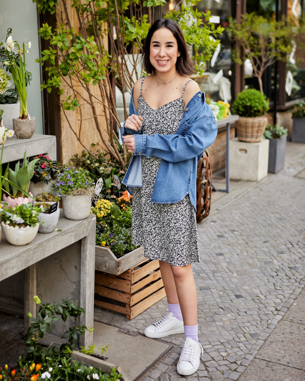 jacket, denim jacket, mini dress, floral dress, white sneakers