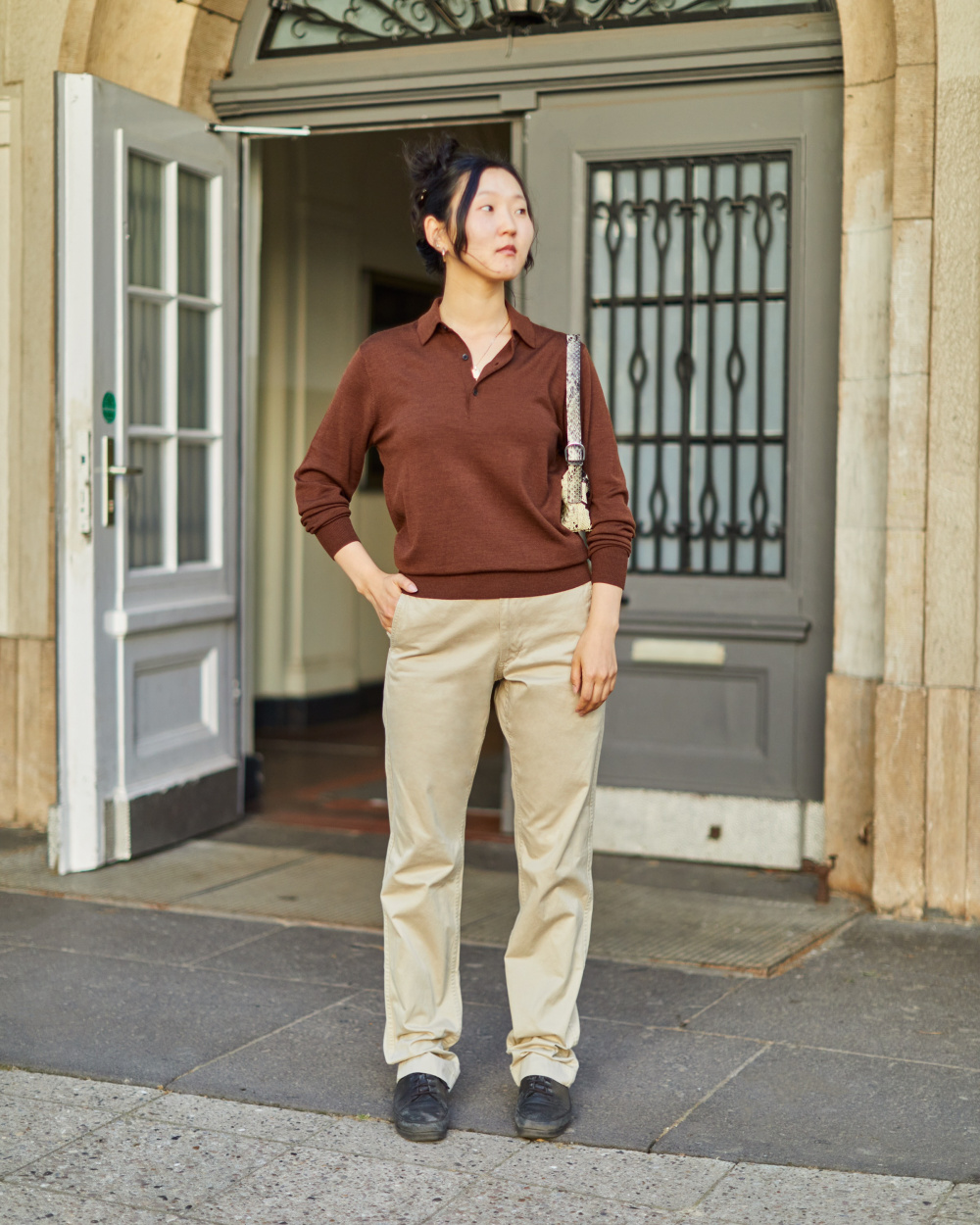 Check styling ideas for「Extra Fine Merino Knitted Long-Sleeve Polo Shirt」