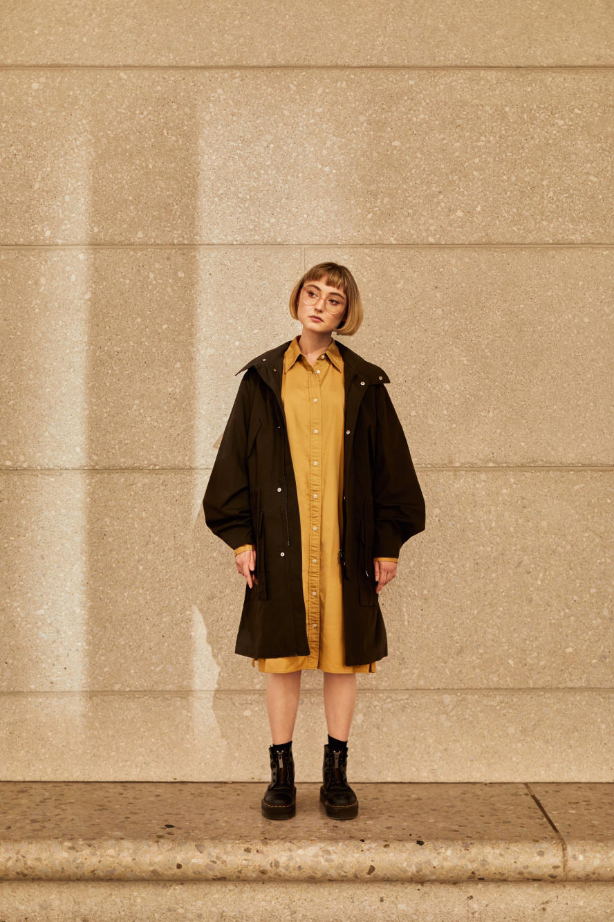 Check styling ideas for「+J Oversized Hooded Long Coat、Stretch