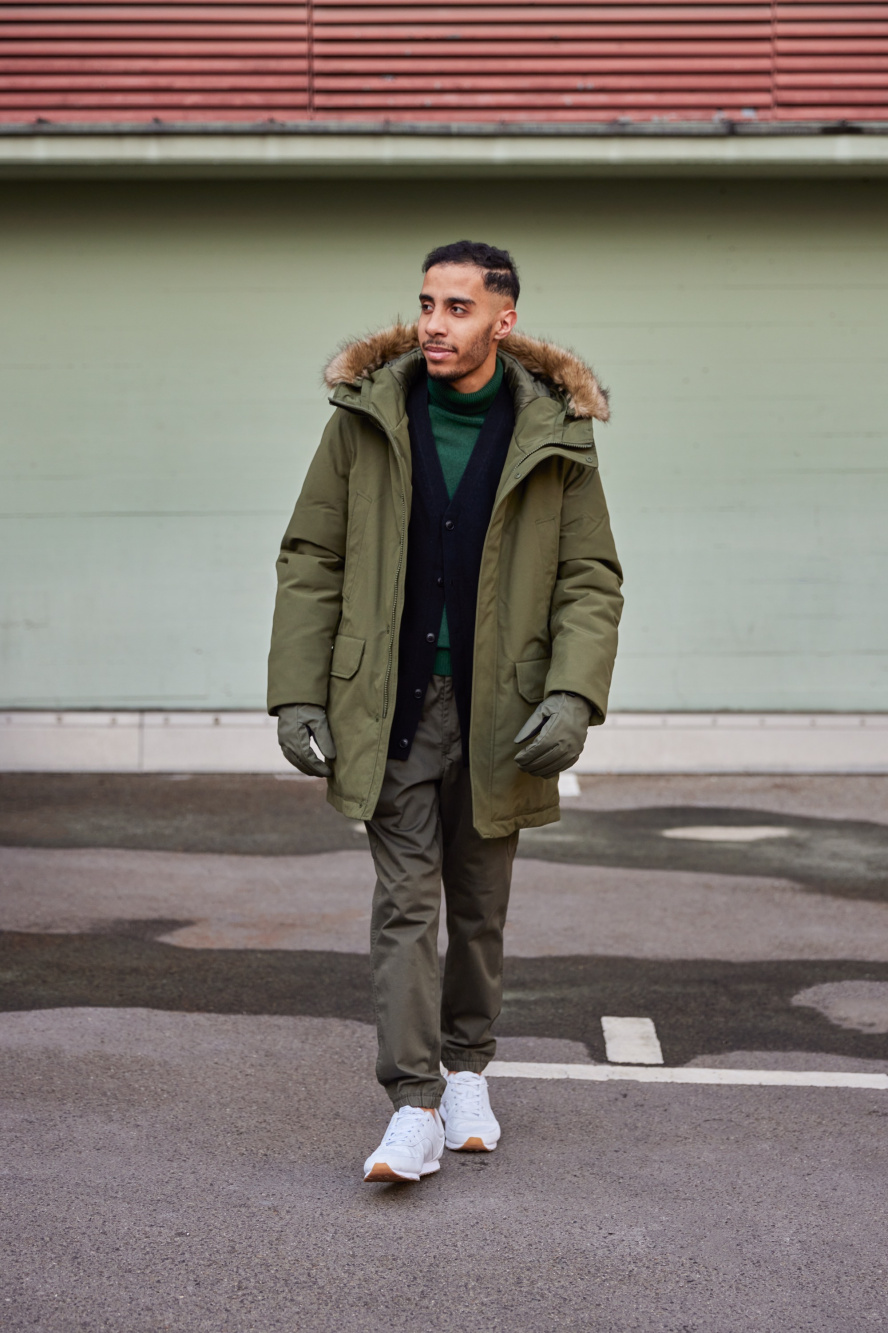 Green parka outfit on sale men