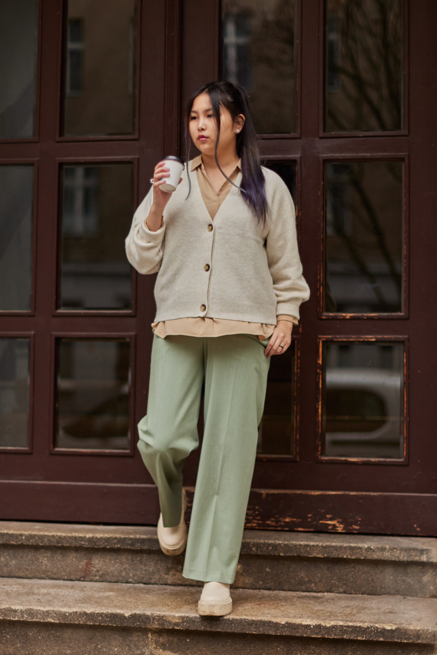 Check styling ideas for「JWA Souffle Yarn Fairisle Sweater、JWA Corduroy Pants」