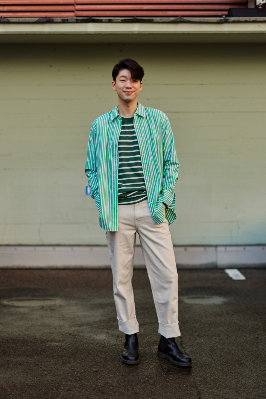 Green and white striped best sale shirt outfit