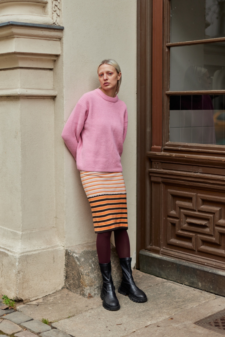 Check styling ideas for「MARNI MERINO BLEND STRIPED KNITTED SKIRT、NYLON  CROSSBODY FANNY PACK」