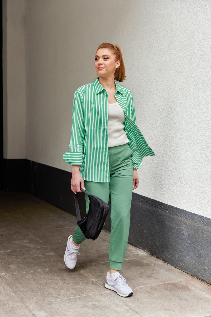 Green and white striped best sale shirt outfit