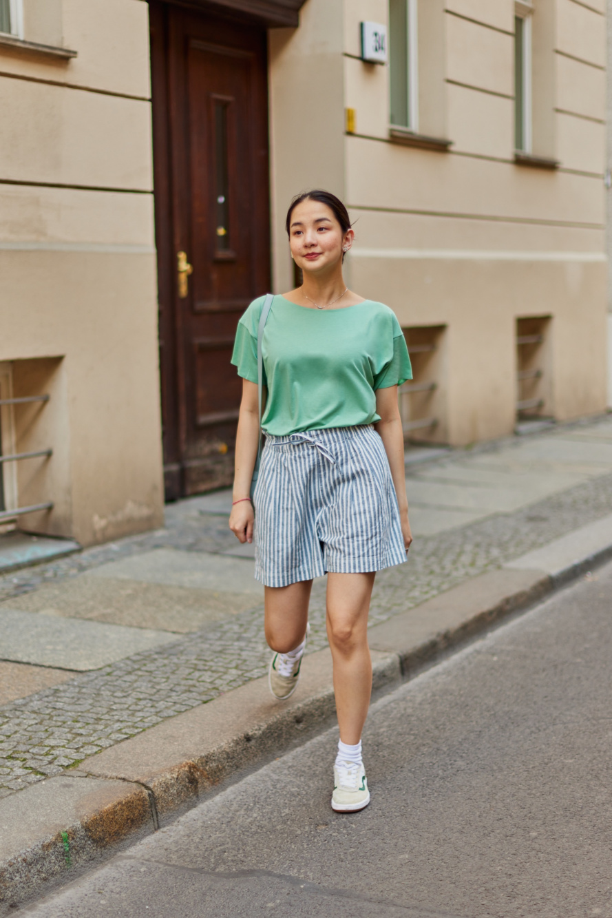 Check styling ideas for「AIRISM SEAMLESS BOAT NECK LONG T-SHIRT、LINEN COTTON  STRIPED SHORTS」