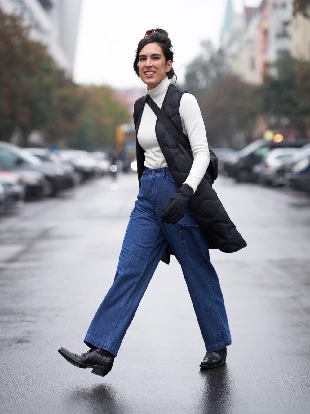 Mustard Wide Leg Pants with White and Navy Outerwear Outfits (3 ideas &  outfits)