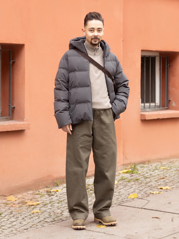 An outfit using Seamless Down Parka and 100% Cashmere Half-Zip