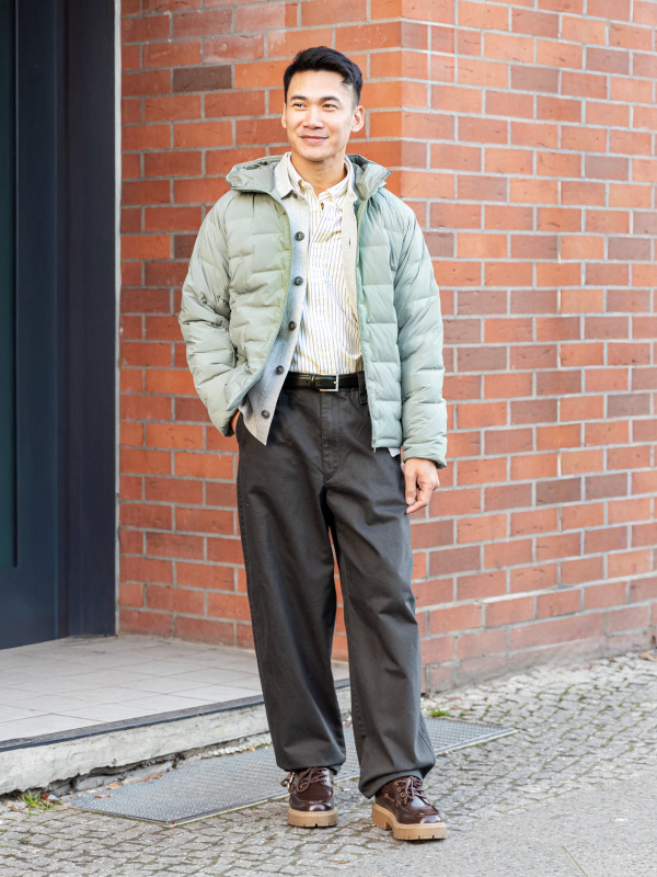 An outfit using Seamless Down Parka and 100% Cashmere Half-Zip