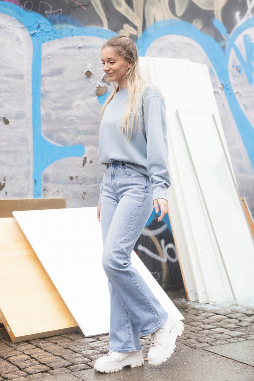 Style Pantry, Fitted Denim Shirt + High Waist Flare Trousers