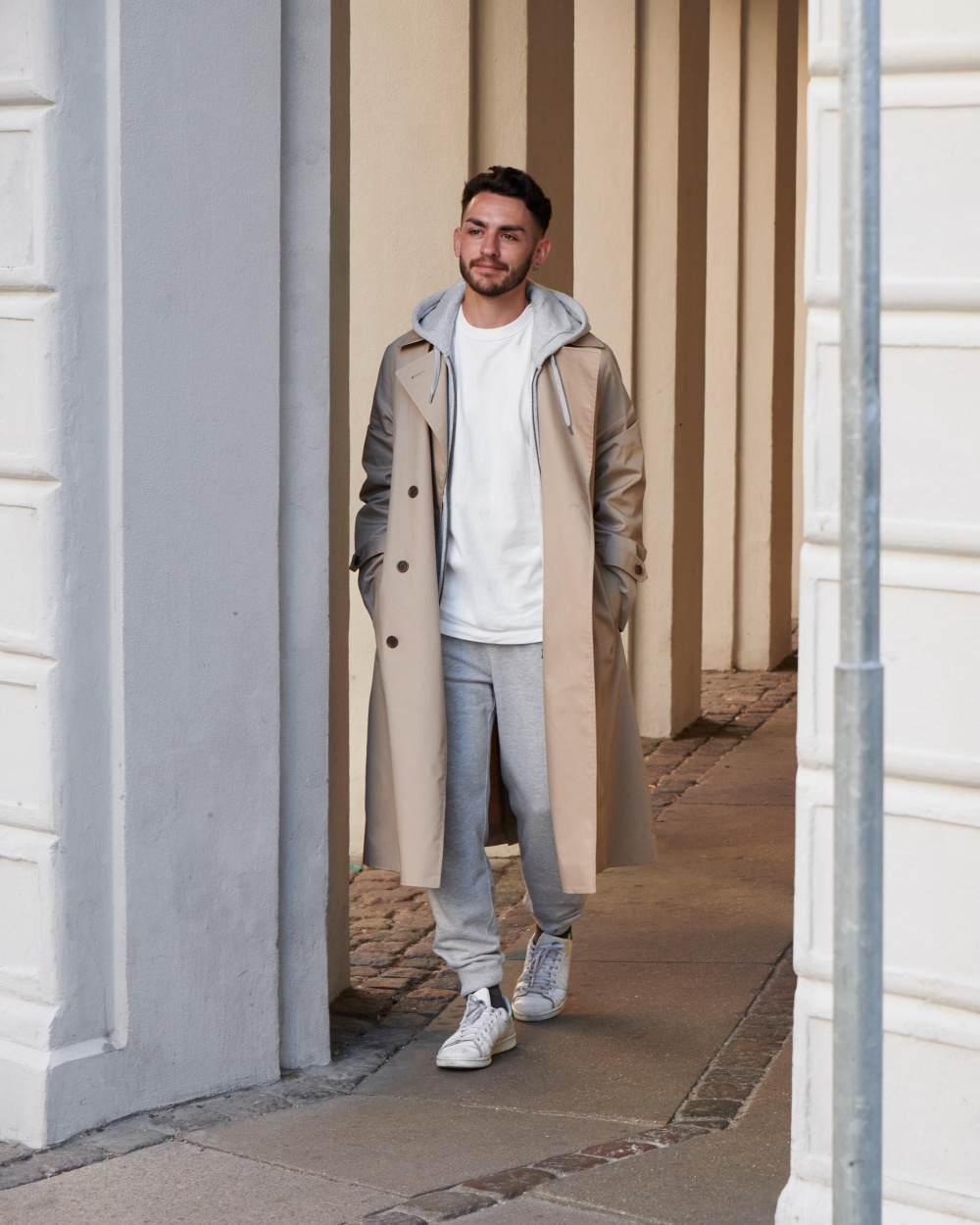 White Crew-neck T-shirt with Beige Corduroy Pants Outfits For Men