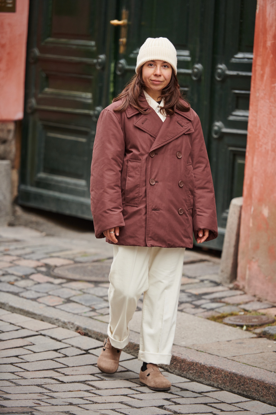 Check styling ideas for「Pile-Lined Fleece Jacket、Corduroy Wide-Fit Pleated  Pants」