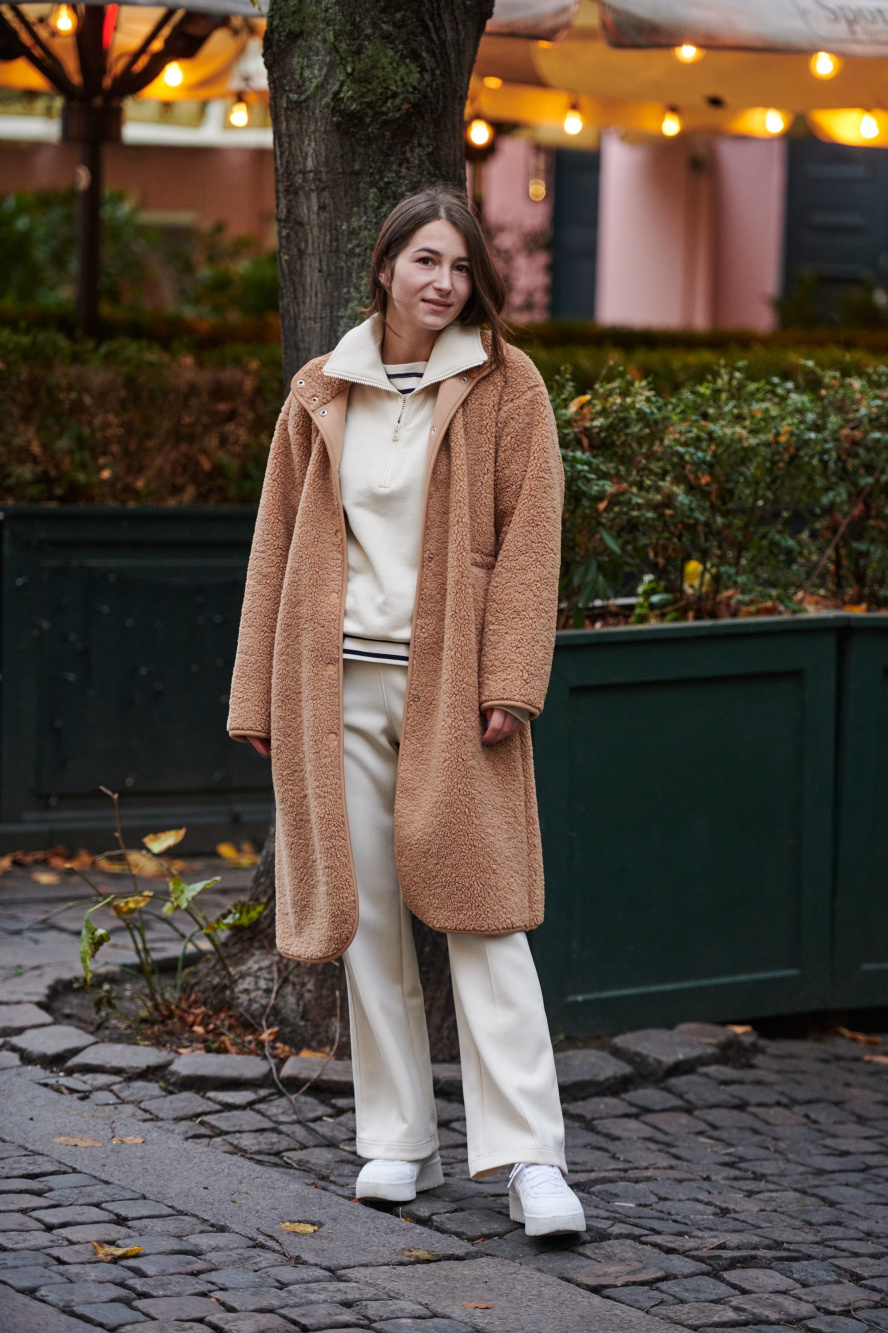 Check styling ideas for「Pile Lined Fleece Stand Collar Coat