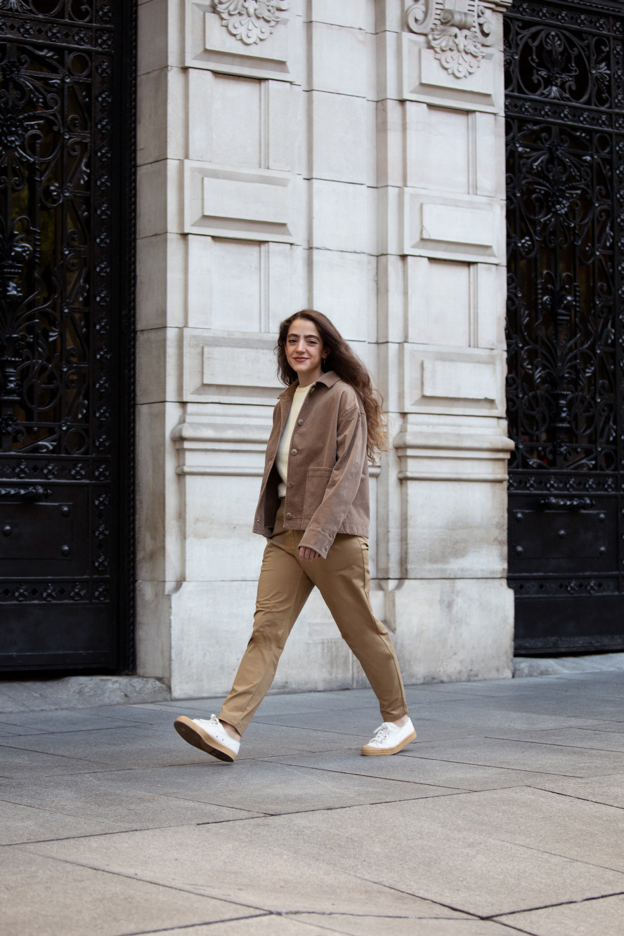 Charcoal Corduroy Chinos with White and Brown Low Top Sneakers