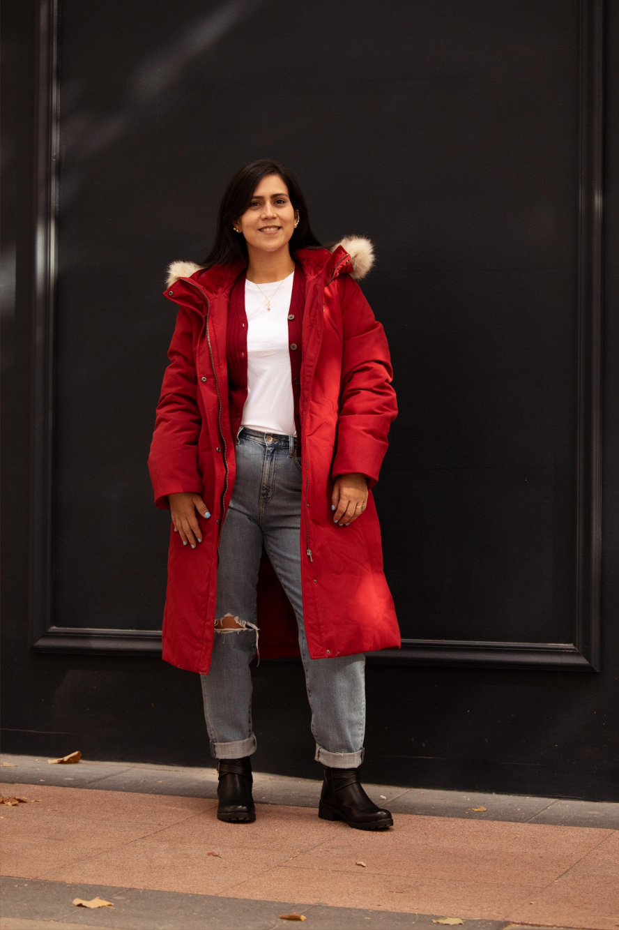 Red hot sale parka outfit