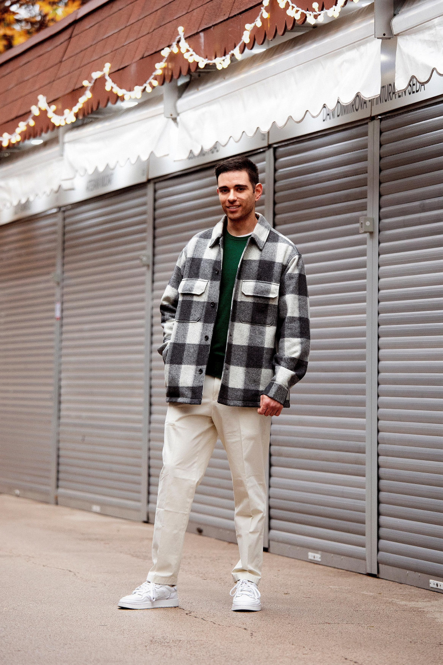 Grey Plaid Blazer - White Crew-neck T-shirt - Charcoal Dress Pants - White  Low Top Sneakers