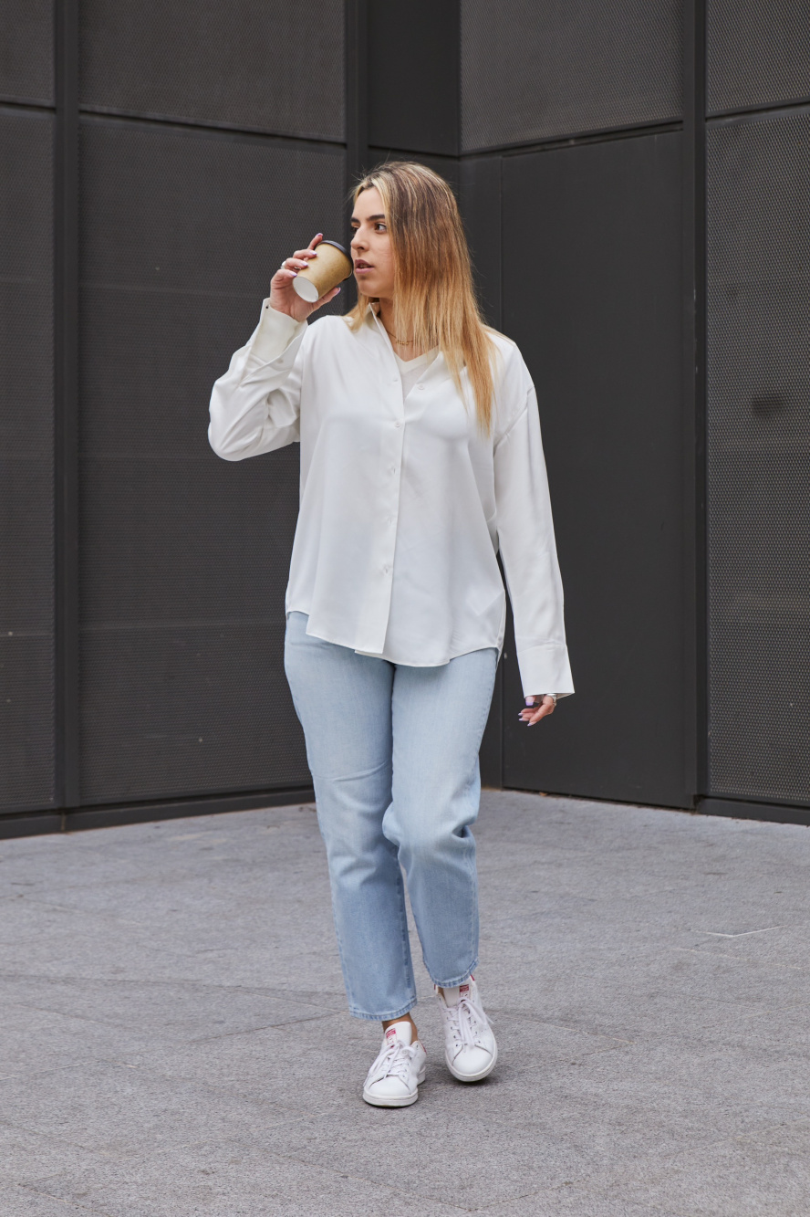 Check styling ideas for「Satin Long-Sleeve Blouse、Wide-Fit