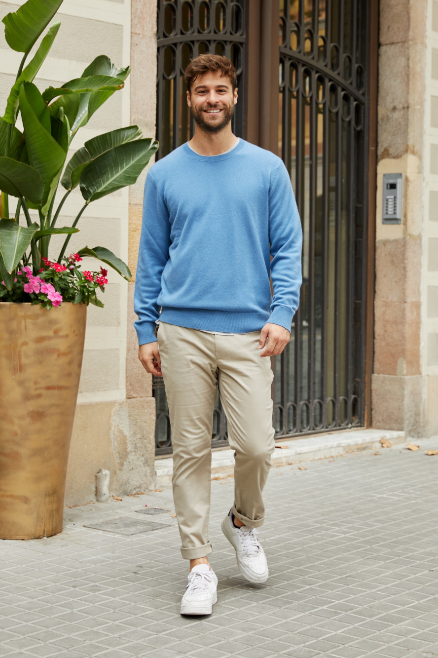 Light blue store sweater mens outfit