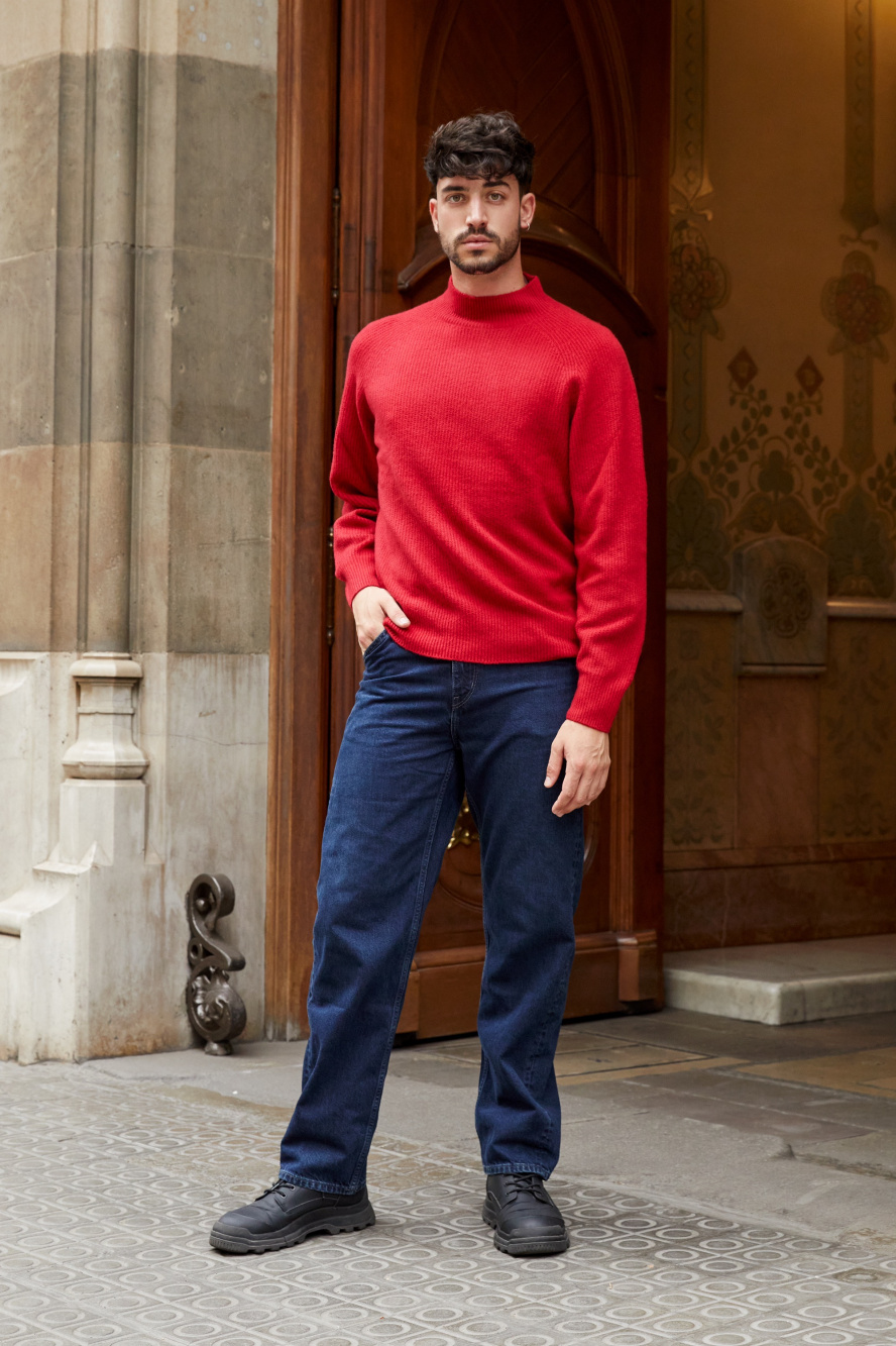 Red sweater 2024 blue pants