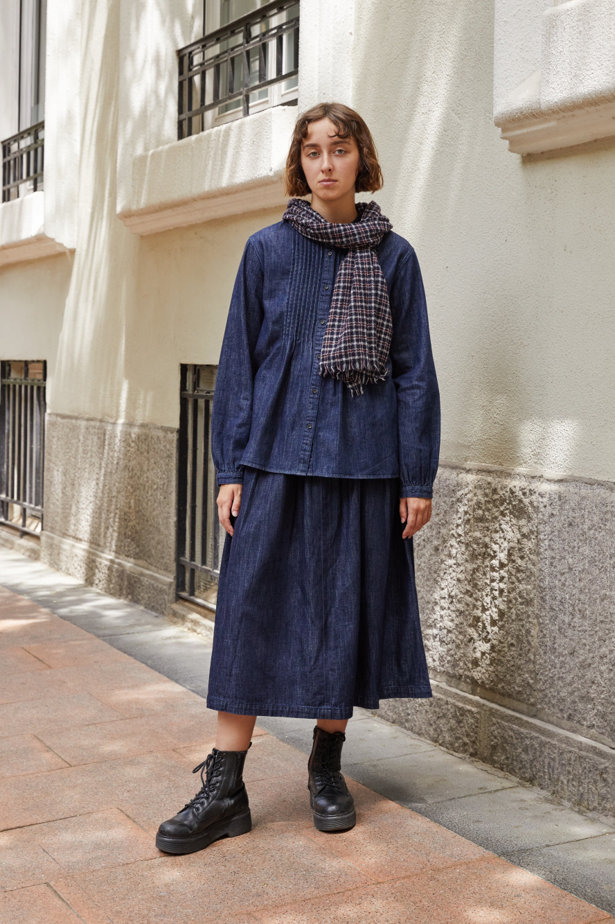 Check styling ideas for「Denim Gather Skirt、Cashmere Striped Crew