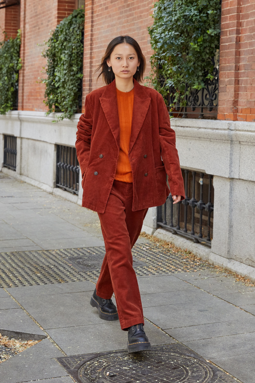 Check styling ideas for「Volume Long Sleeve Blouse、Corduroy Tapered Ankle  Pants」