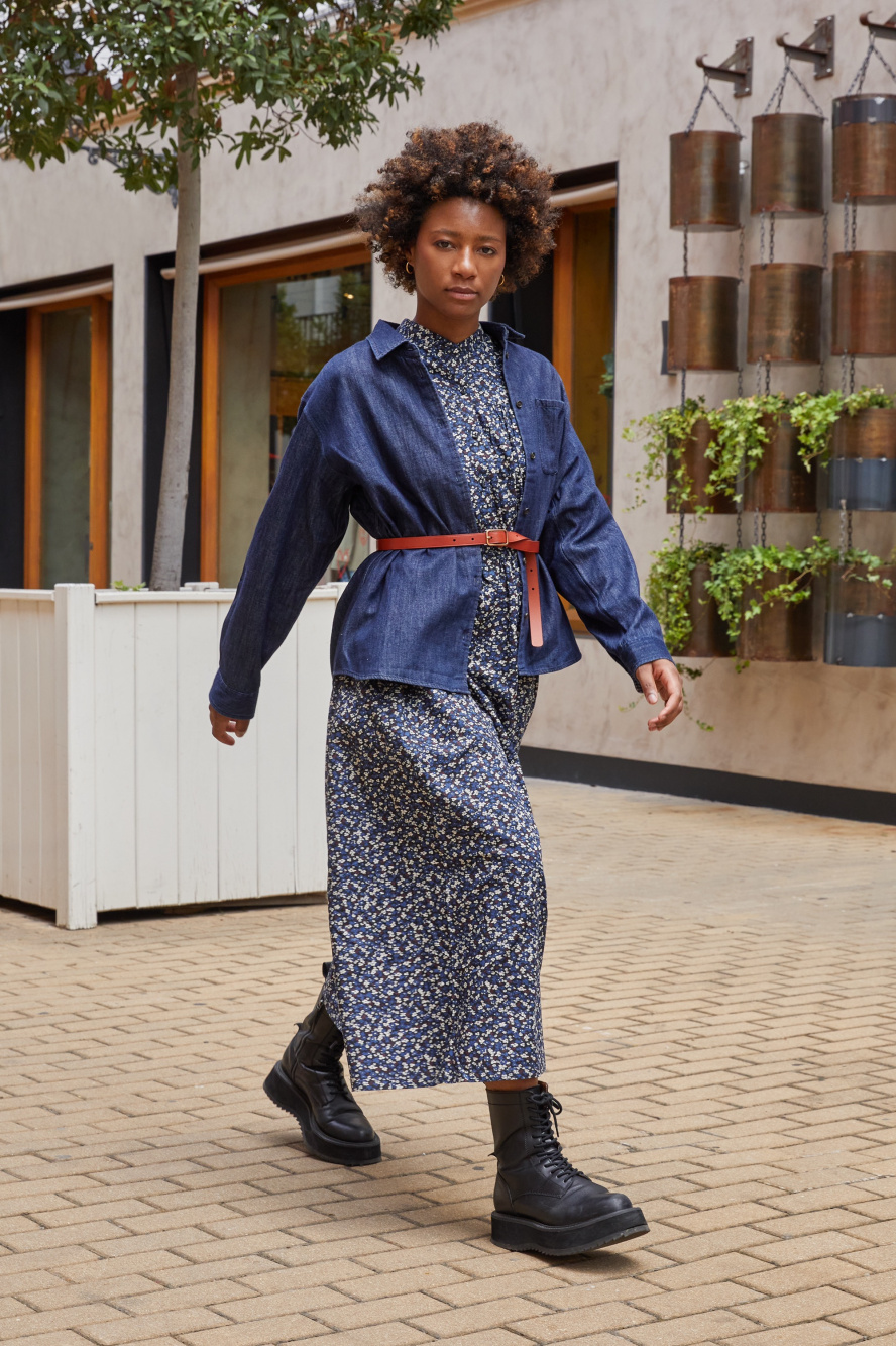 Check styling ideas for「Denim Long-Sleeve Shirt、Cotton Twill Printed Volume  Sleeve Long Dress」| UNIQLO US