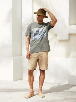 韓国発【JUSTYOUNG】UL Wave Cut Short Sleeve Tee/4color Vintage Wave Print T-shirt Set Summer Men's Beach Breathable