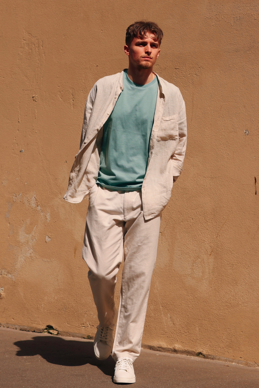 Check styling ideas for「Premium Linen Stand Collar Long-Sleeve