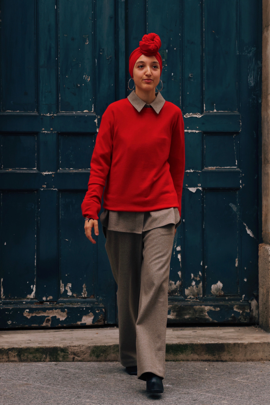 Check styling ideas for「3D Knit Cashmere Crew Neck Long-Sleeve  Sweater、Wide-Fit Pleated Pants (Tall)」