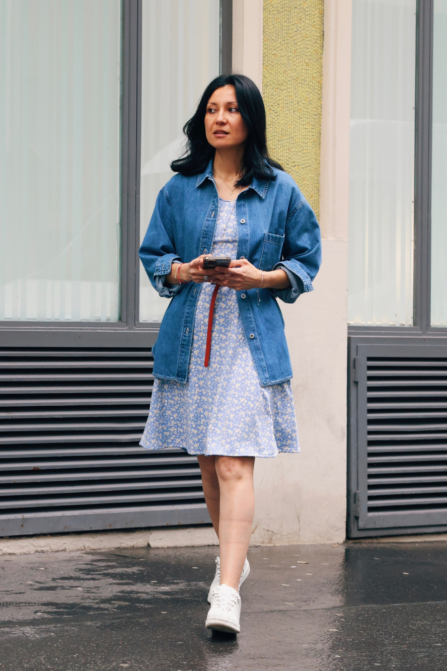 Check styling ideas for「Denim Shirt Jacket、Button Down Camisole Flare Dress」